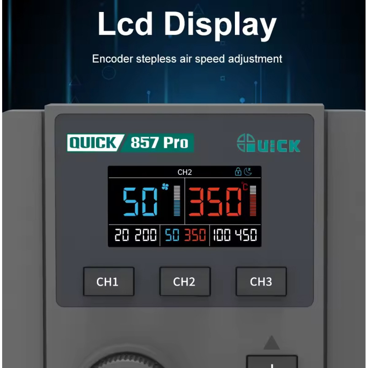 QUICK σταθμός θερμού αέρα QUICK857 Pro με air gun, 580W, 100-500 °C