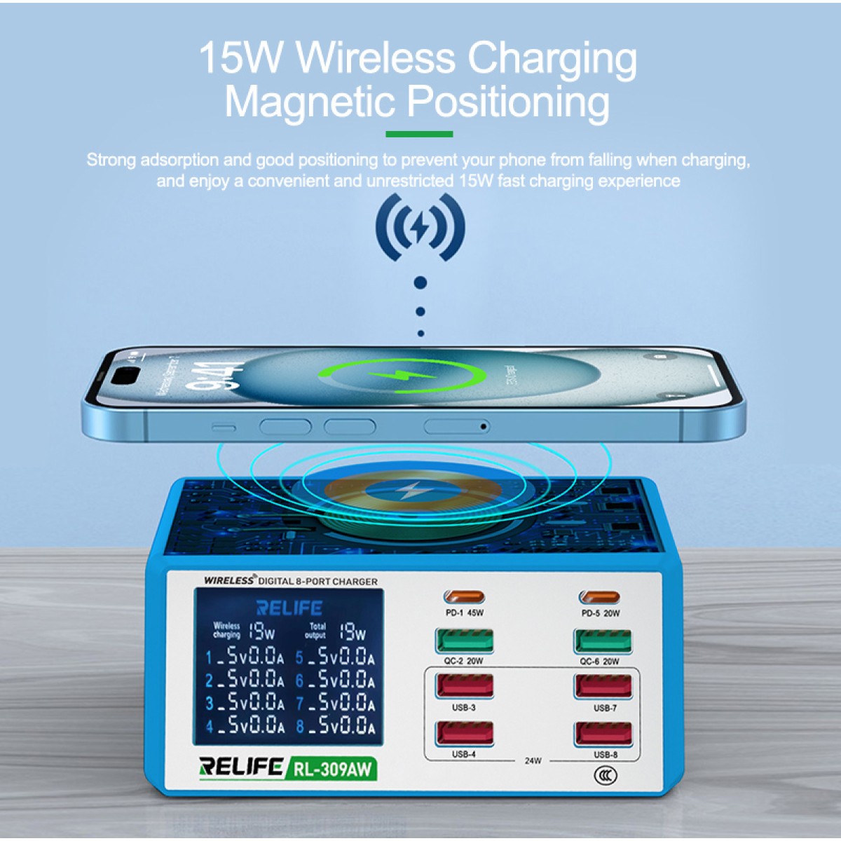 RELIFE σταθμός φόρτισης RL-309AW, 6x USB/2x USB-C/wireless, 100W, λευκός