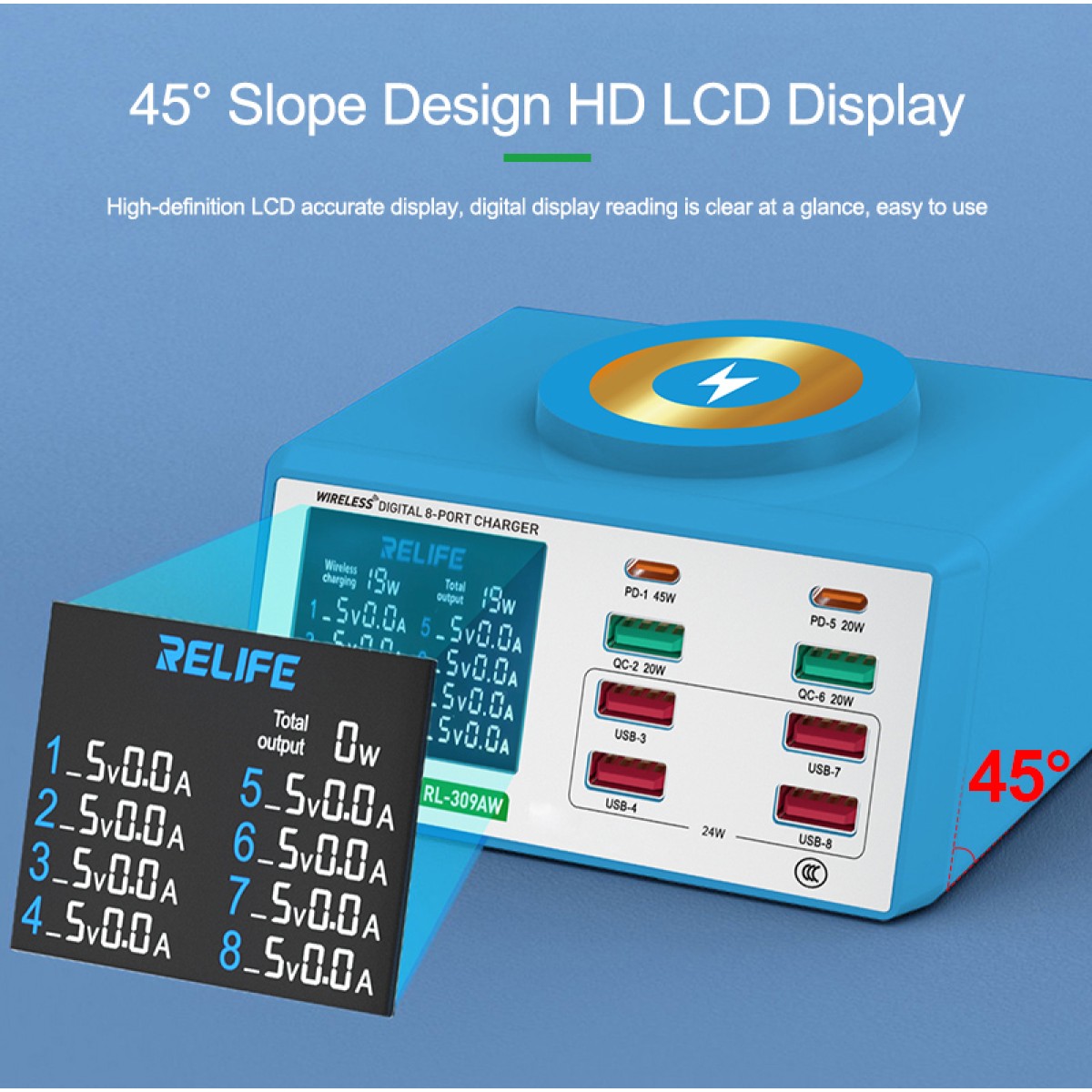 RELIFE σταθμός φόρτισης RL-309AW, 6x USB/2x USB-C/wireless, 100W, λευκός