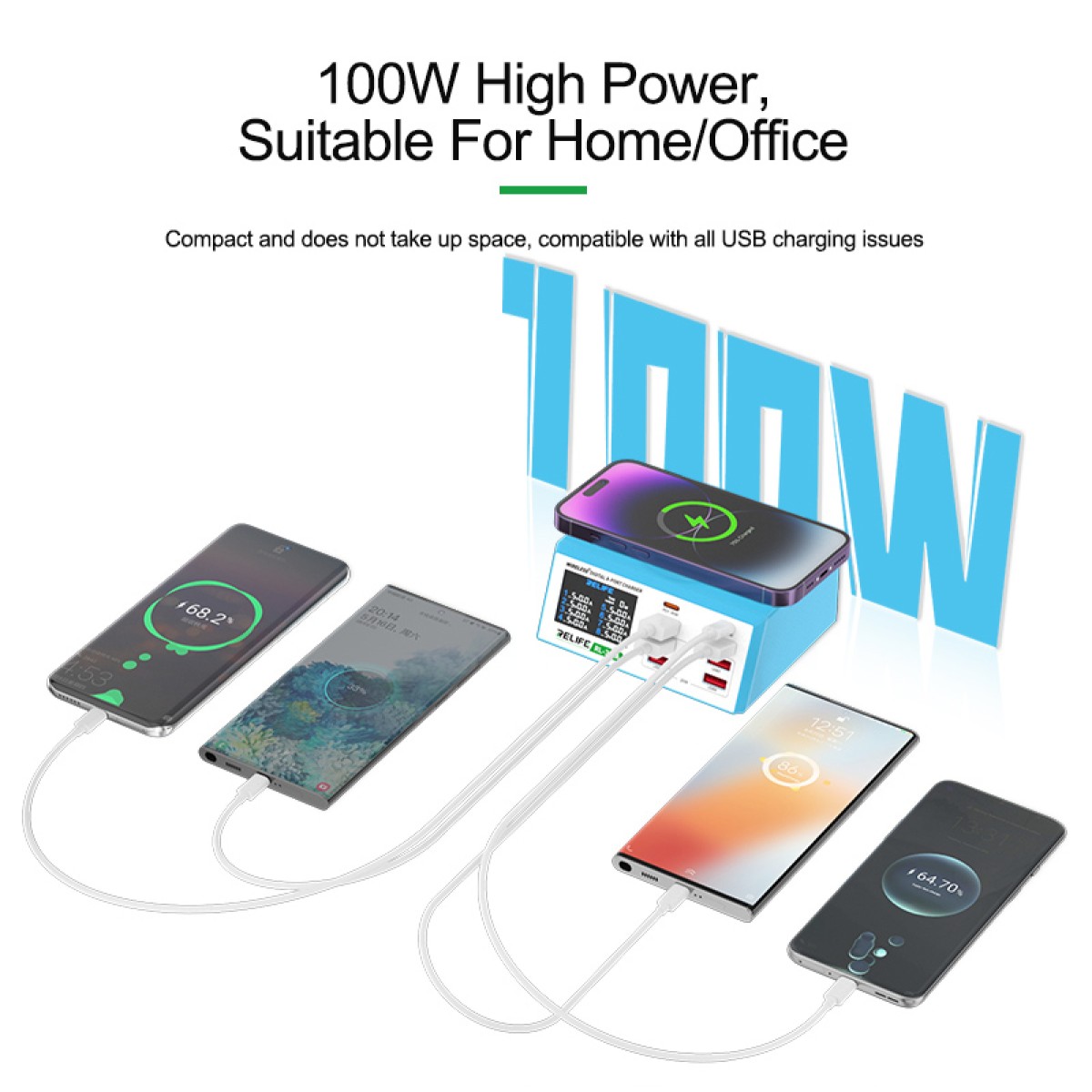 RELIFE σταθμός φόρτισης RL-309AW, 6x USB/2x USB-C/wireless, 100W, λευκός