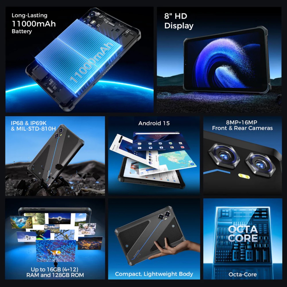 OUKITEL tablet RT3 Plus, 8", 4/128GB, 4G, 11000mAh, IP68/IP69K, μαύρο