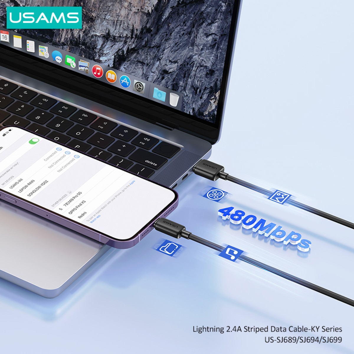 USAMS καλώδιο Lightning σε USB US-SJ689, 2.4A, 480Mbps, 1m, λευκό