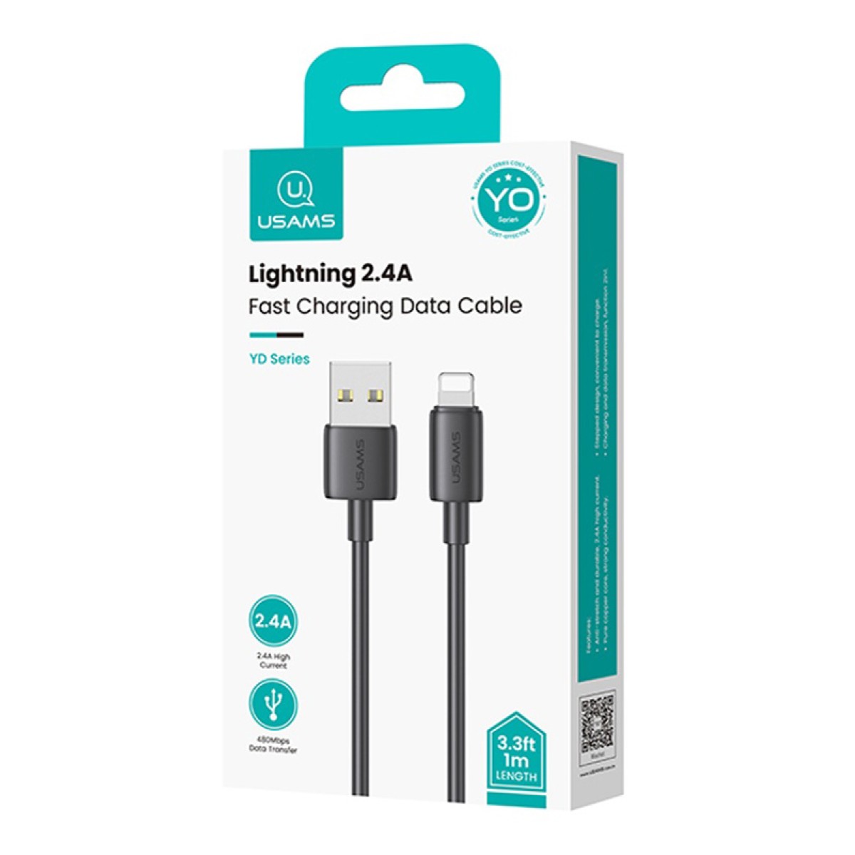 USAMS καλώδιο Lightning σε USB US-SJ709, 2.4A, 480Mbps, 1m, μαύρο