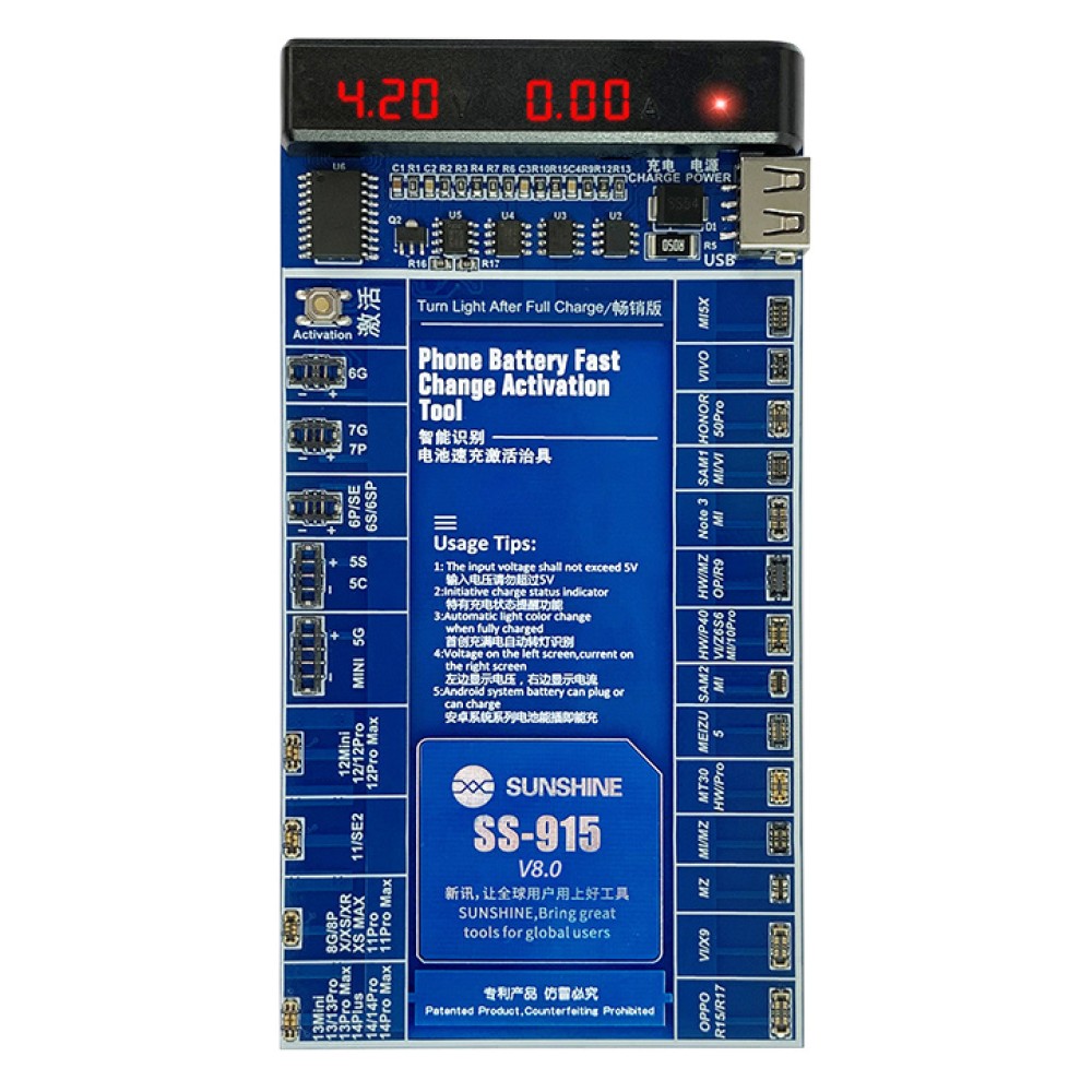 SUNSHINE tester μπαταριών SS-915 για Apple & Android smartphone, V9.0