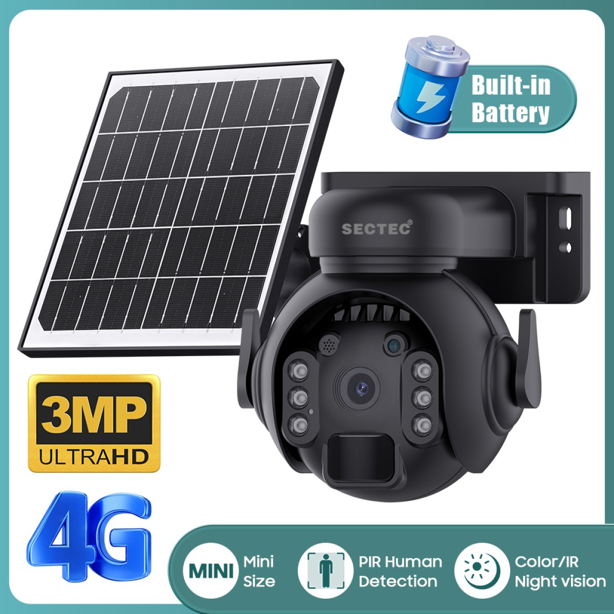 SECTEC smart ηλιακή κάμερα ST-515C-3M-4G-BK, 3MP, 4G, SD, PTZ, IP65