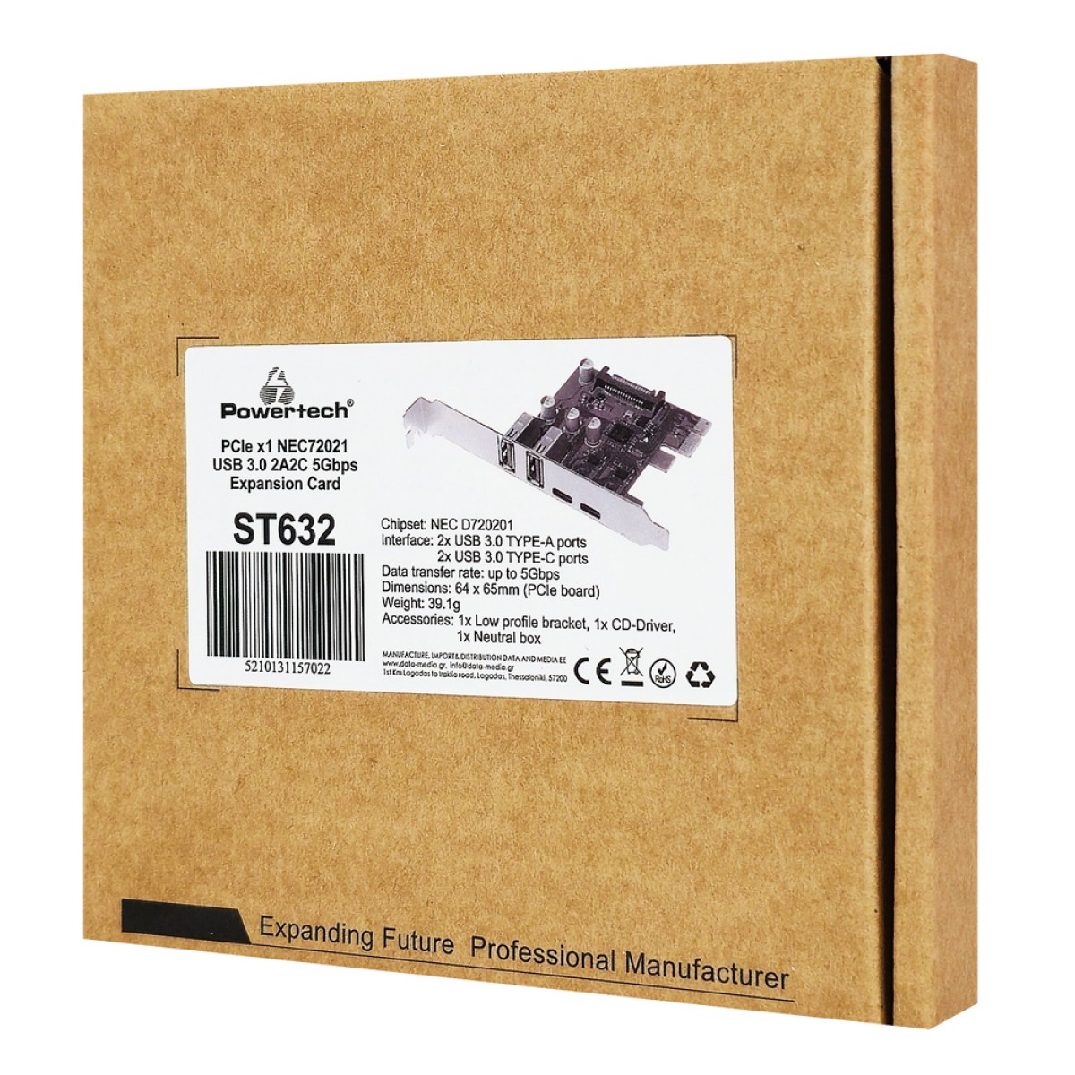 POWERTECH κάρτα επέκτασης PCIe σε 2x USB & 2x USB-C ST632, 5Gbps, NEC D720201