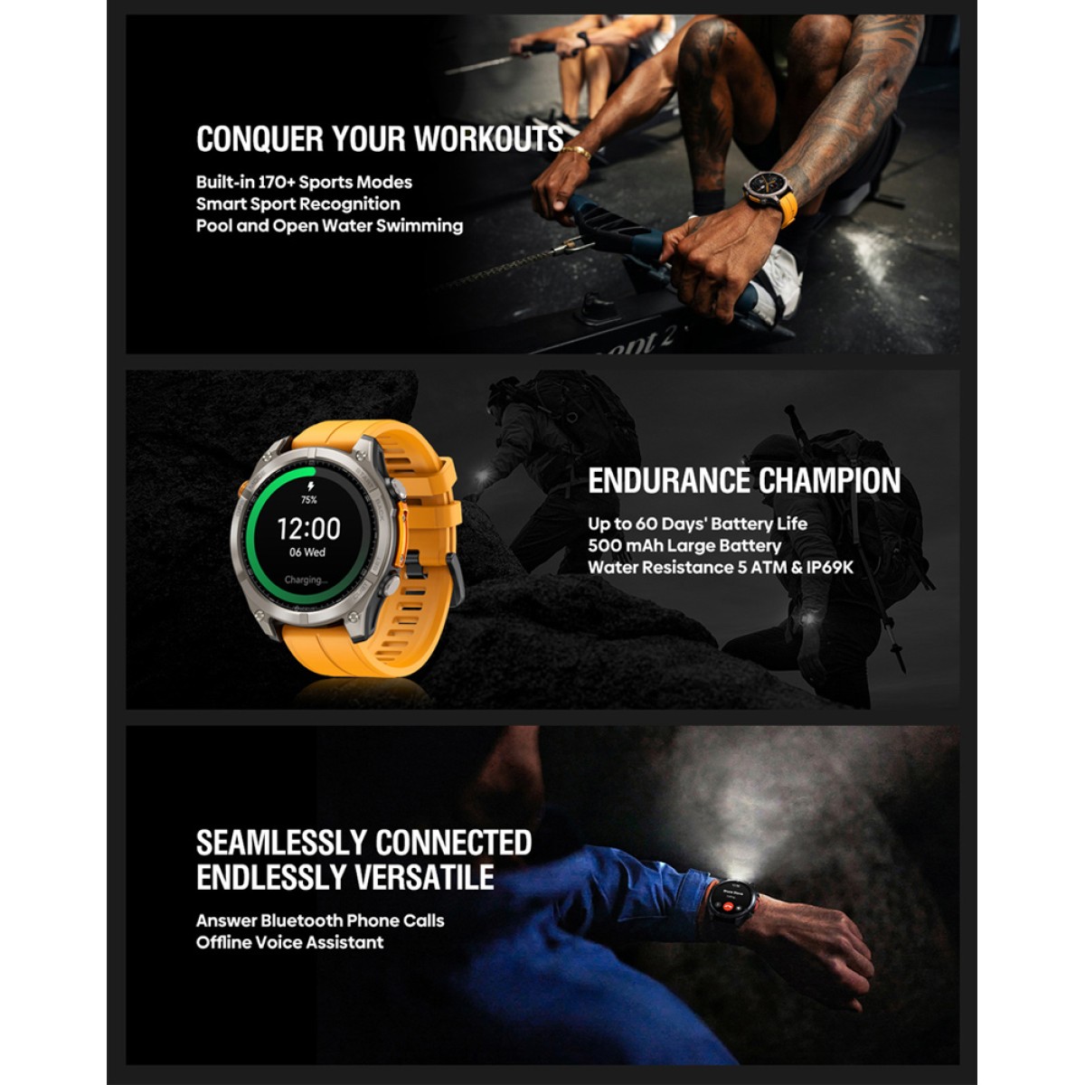 ZEBLAZE smartwatch Stratos 4 με φακό, heart rate, 1.43" AMOLED, GPS, 5 ΑΤΜ, MIL-STD-810H, μαύρο