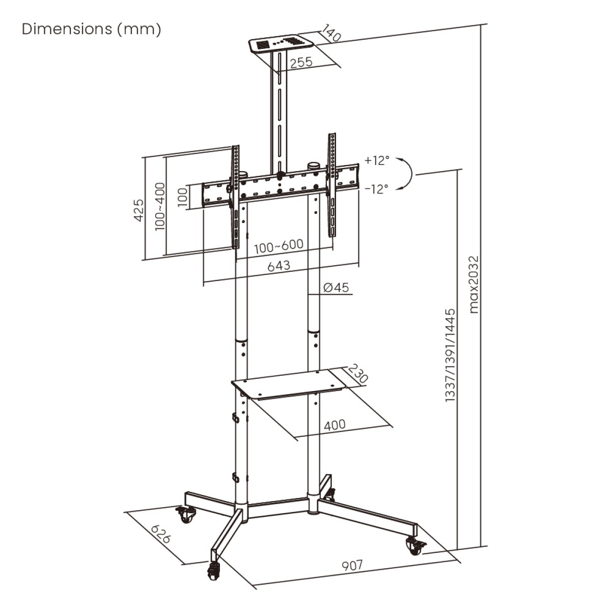 BRATECK βάση τηλεόρασης δαπέδου T1042T, 37-70", έως 45kg, με ράφια & ροδάκια