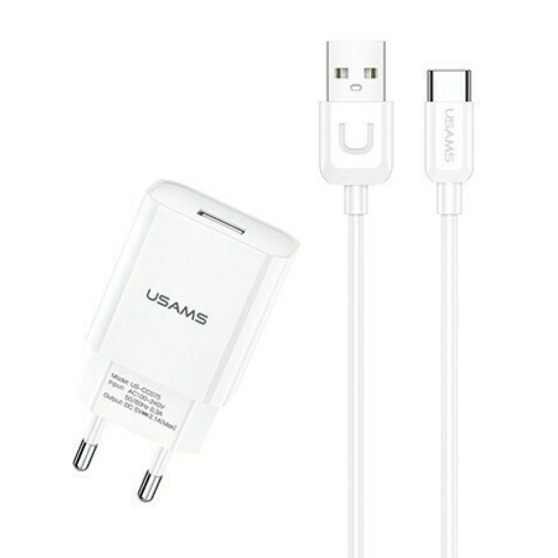 USAMS φορτιστής τοίχου T21OCTC01 με καλώδιο USB-C, USB 2.1A, λευκός