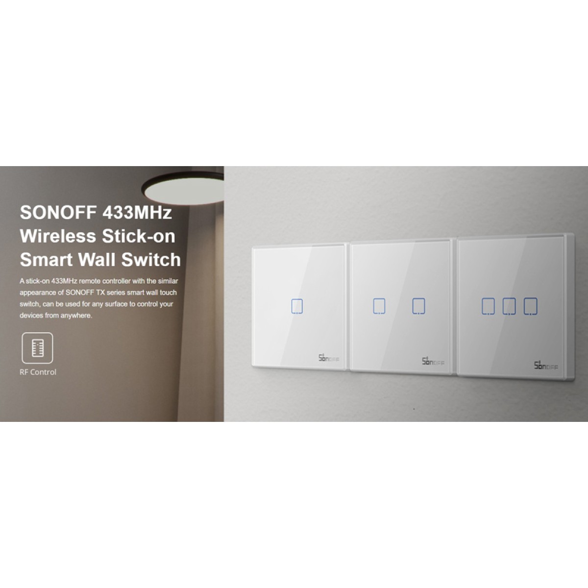 SONOFF smart διακόπτης T2EU2C-RF 433MHz, αφής, διπλός, λευκός