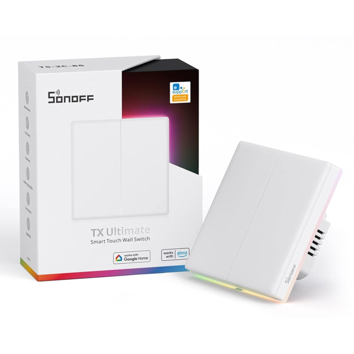 SONOFF smart διακόπτης T5-2C-86 με LED φωτισμό, διπλός, Wi-Fi, λευκός