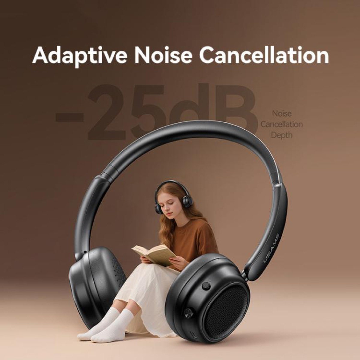 USAMS headphones SR01, ασύρματα, ANC, Φ40mm, 350mAh, μαύρα