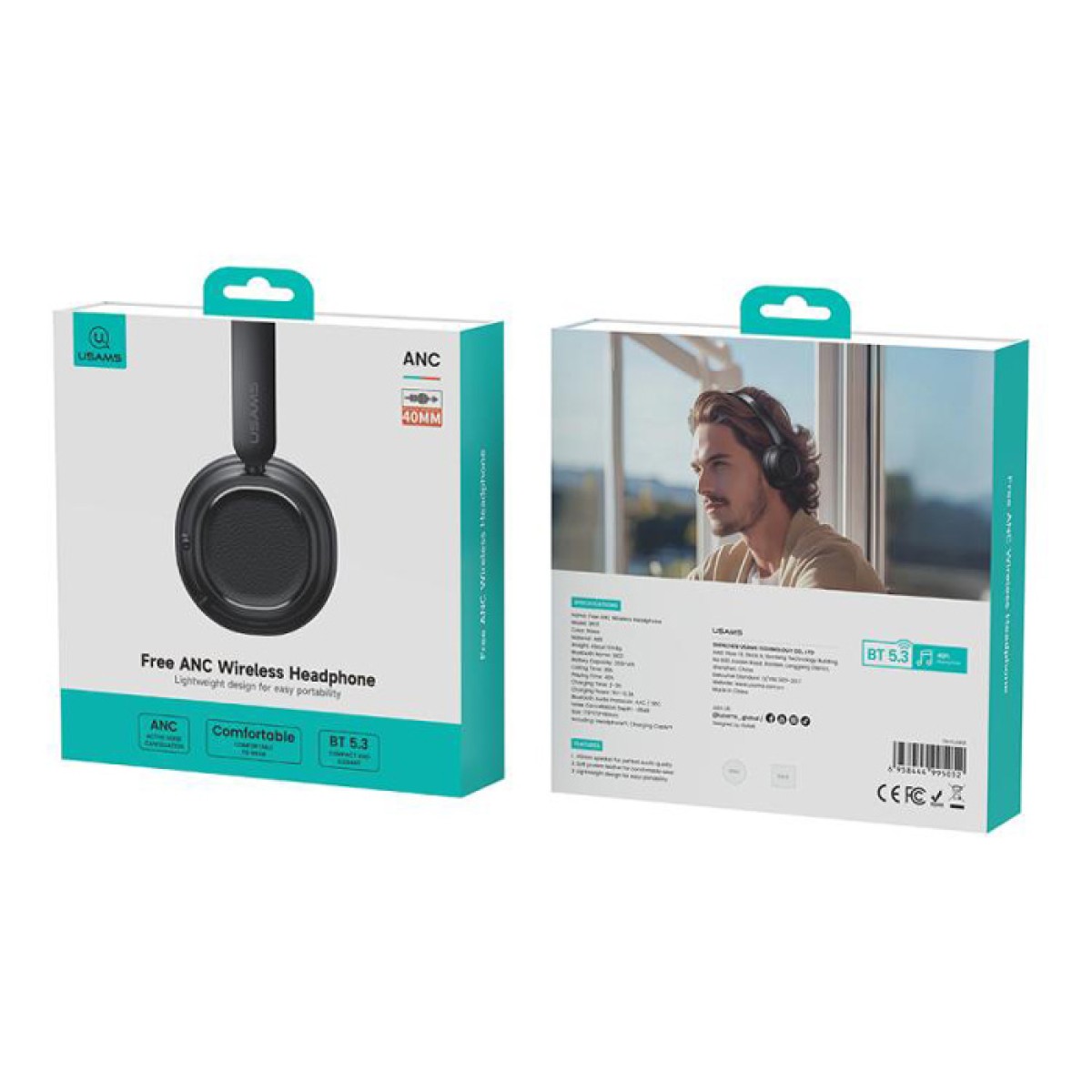 USAMS headphones SR01, ασύρματα, ANC, Φ40mm, 350mAh, μαύρα