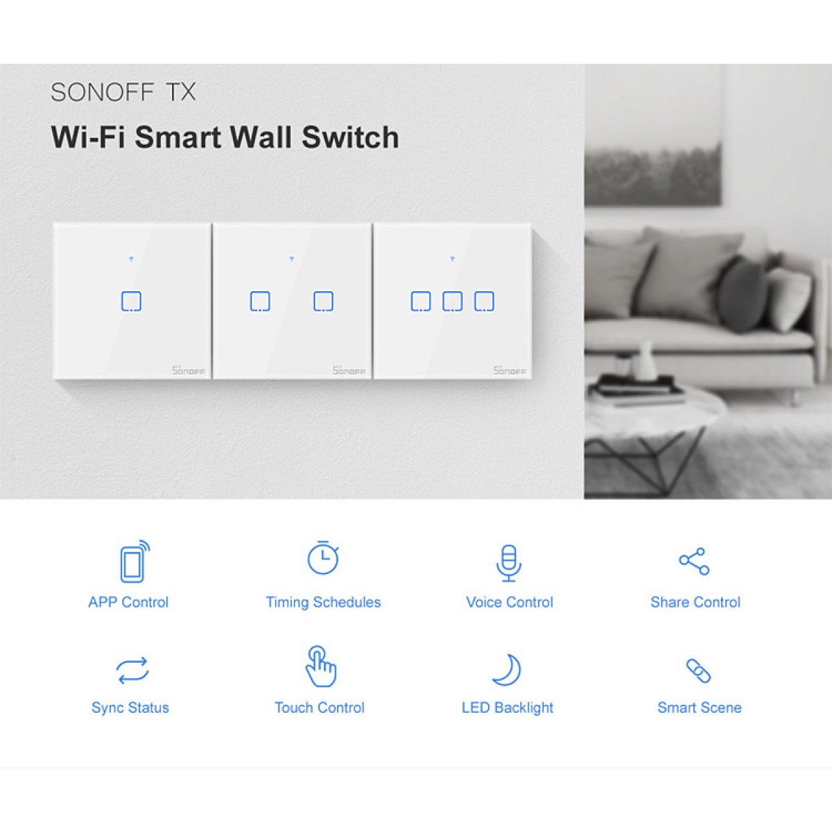 SONOFF smart διακόπτης ΤΧ-T2EU1C, αφής, Wi-Fi, μονός, λευκός