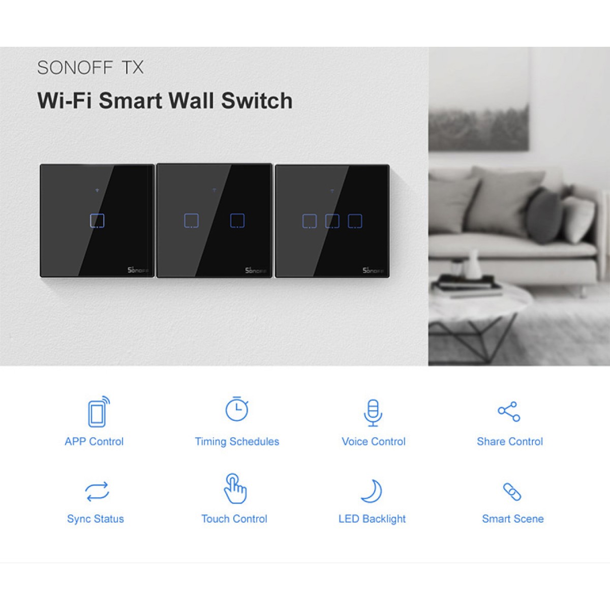 SONOFF smart διακόπτης ΤΧ-T3EU2C, αφής, Wi-Fi, διπλός, μαύρος