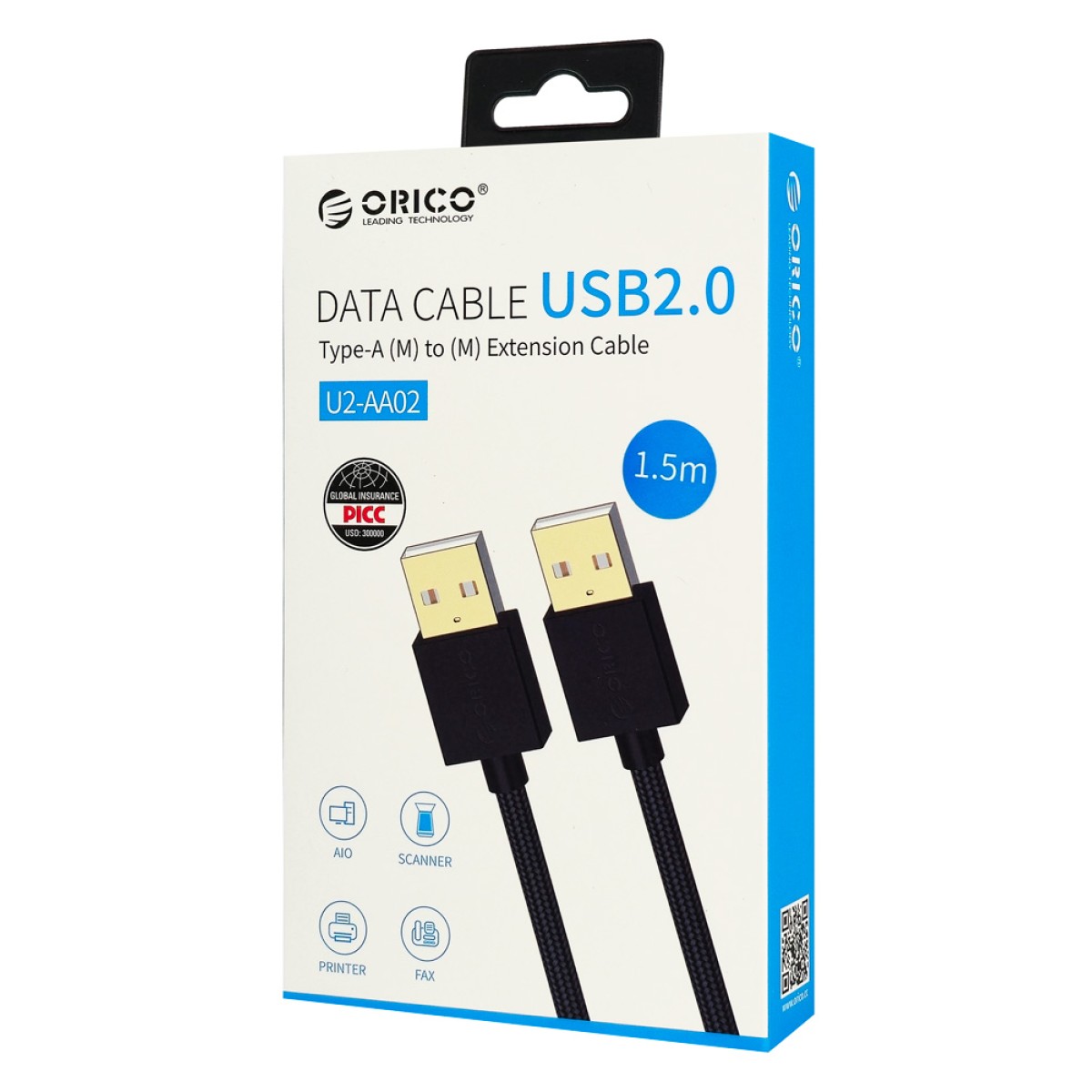 ORICO καλώδιο USB 2.0 U2-AA02, 480Mbps, 1.5m, μαύρο