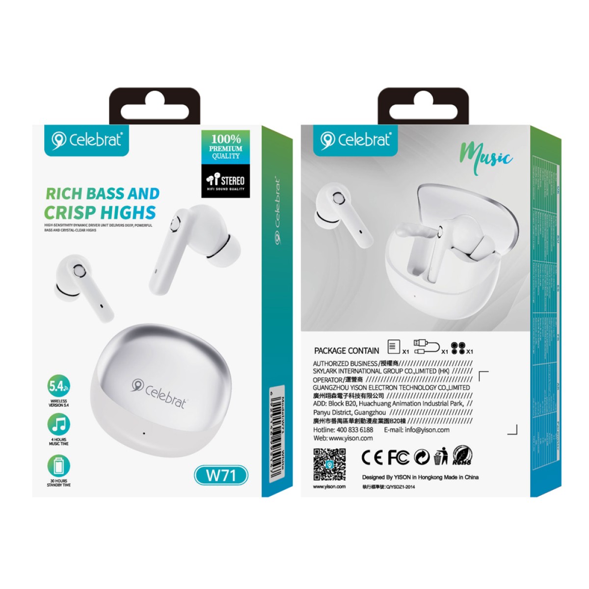 CELEBRAT earphones με θήκη φόρτισης W71, True Wireless, 10mm, 30/200mAh, λευκά