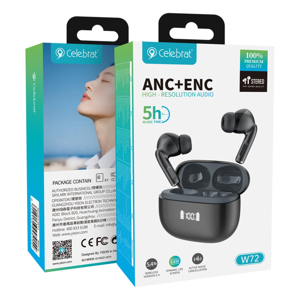 CELEBRAT earphones με θήκη φόρτισης W72, True Wireless, 10mm, 33/380mAh, ANC & ENC, μαύρα