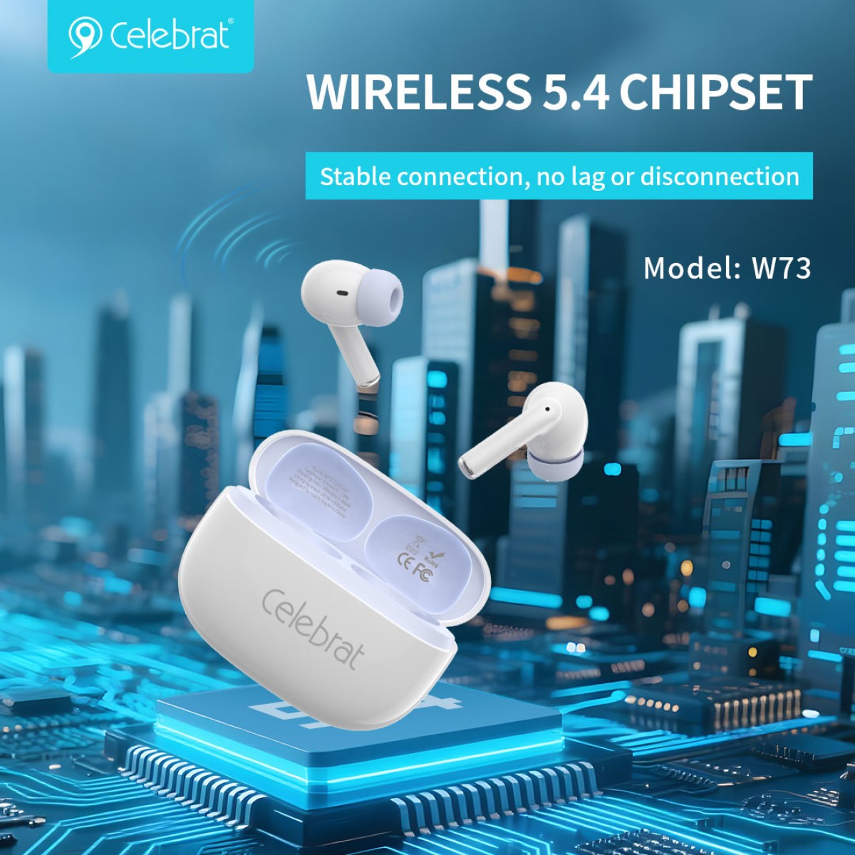 CELEBRAT earphones με θήκη φόρτισης W73, True Wireless, 13mm, 33/380mAh, μαύρα