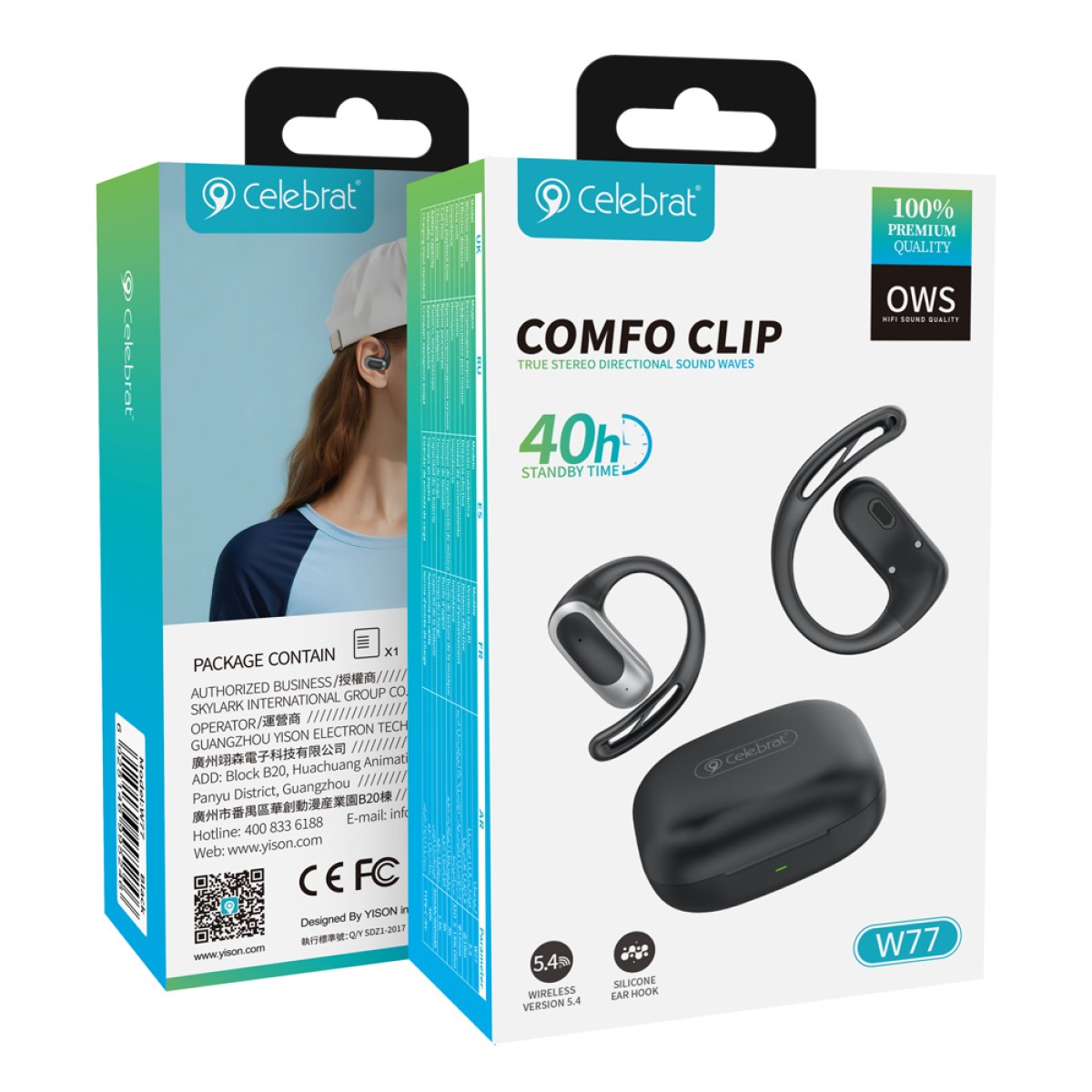 CELEBRAT earphones με θήκη φόρτισης W77, OWS, 12mm, 40/400mAh, μαύρα