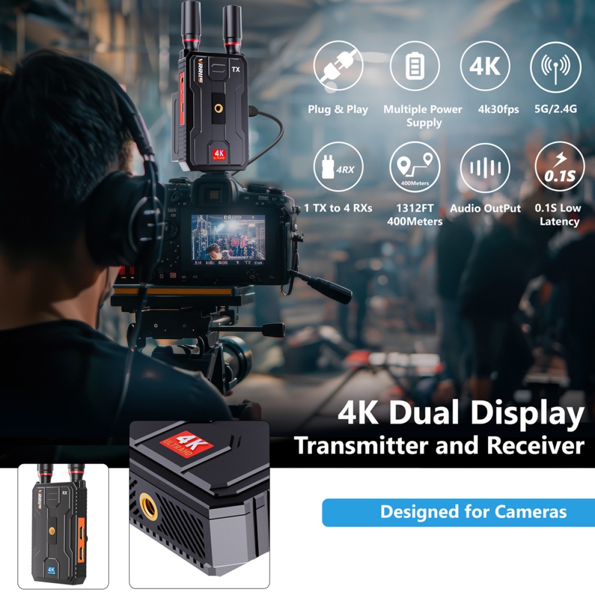 VRRIIS HDMI σύστημα ασύρματης μετάδοσης βίντεο WL097 Pro, 4K, 2.4/5GHz, έως 400m