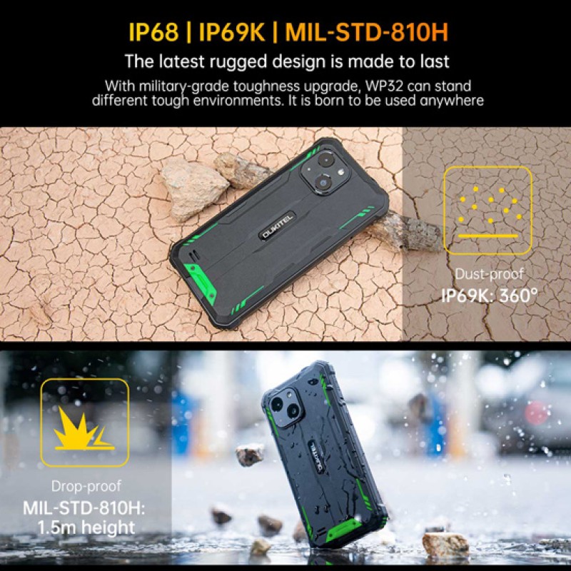 OUKITEL smartphone WP32, 6", 4/128GB, 6300mAh, IP68/IP69K/MIL-STD-810H, πράσινο