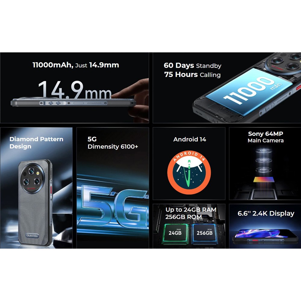 OUKITEL smartphone WP35, 6.6", 8/256GB, 5G, 11000mAh, IP68/IP69K, γκρι