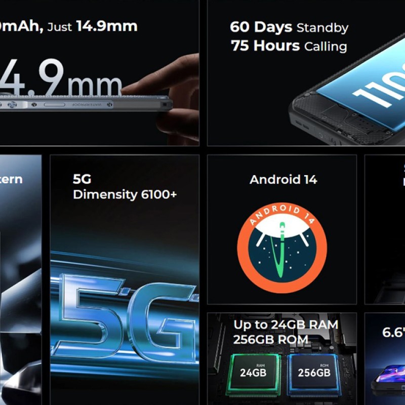 OUKITEL smartphone WP35, 6.6", 8/256GB, 5G, 11000mAh, IP68/IP69K, γκρι