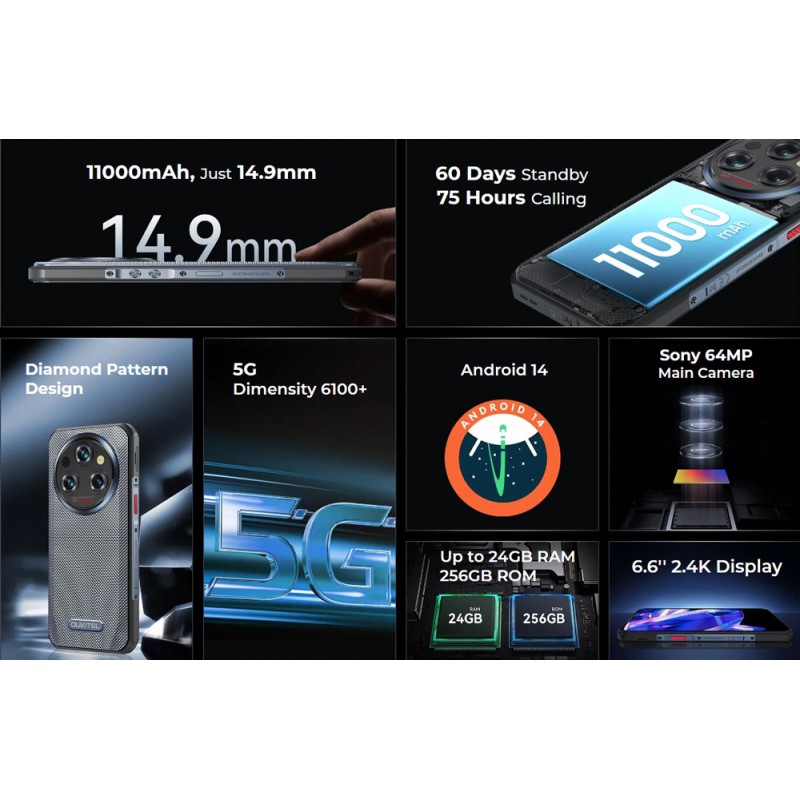 OUKITEL smartphone WP35, 6.6", 8/256GB, 5G, 11000mAh, IP68/IP69K, γκρι