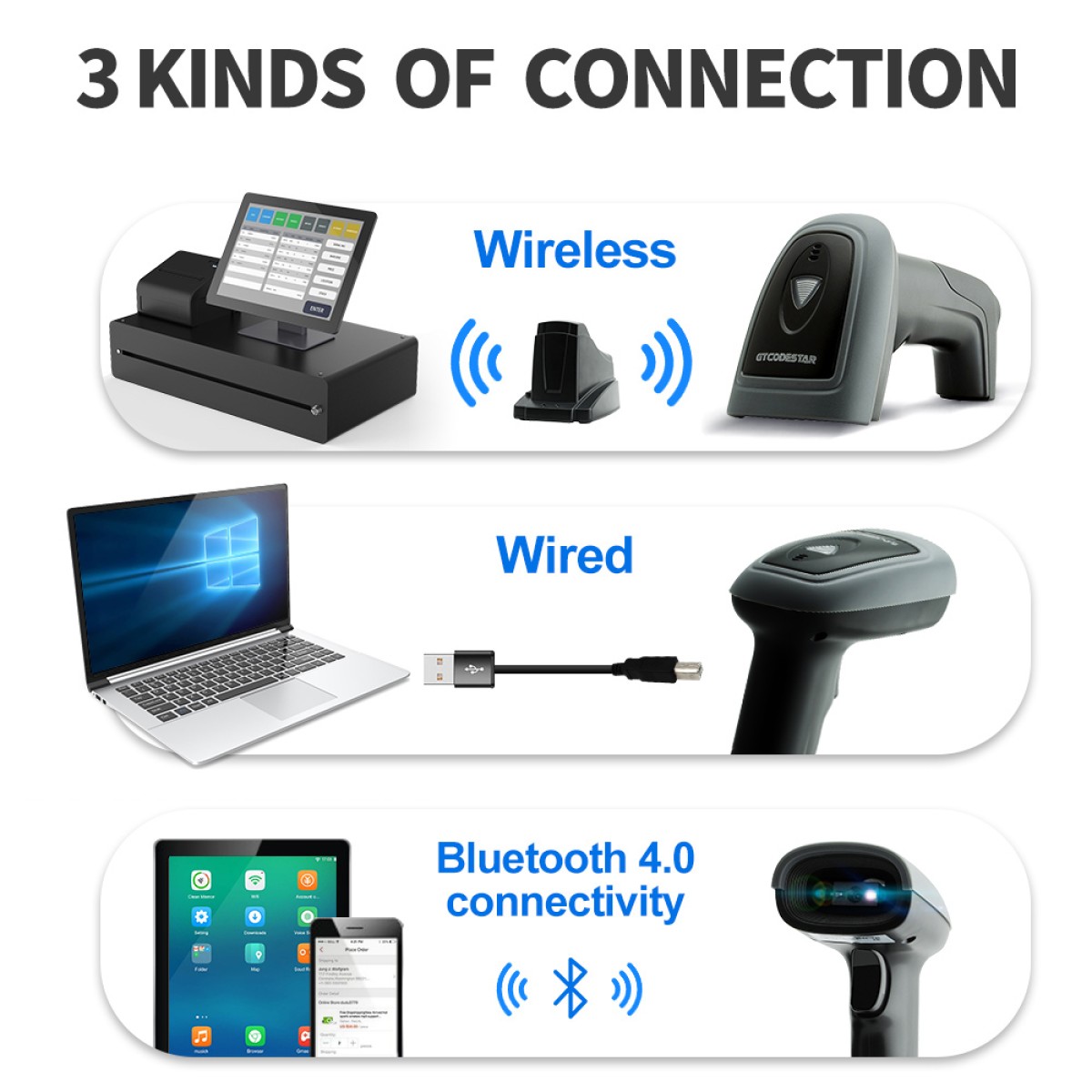 GTCODESTAR barcode scanner X-1901B με βάση, 1D & 2D, ενσύρματο & ασύρματο, Bluetooth, 2000mAh, μαύρο