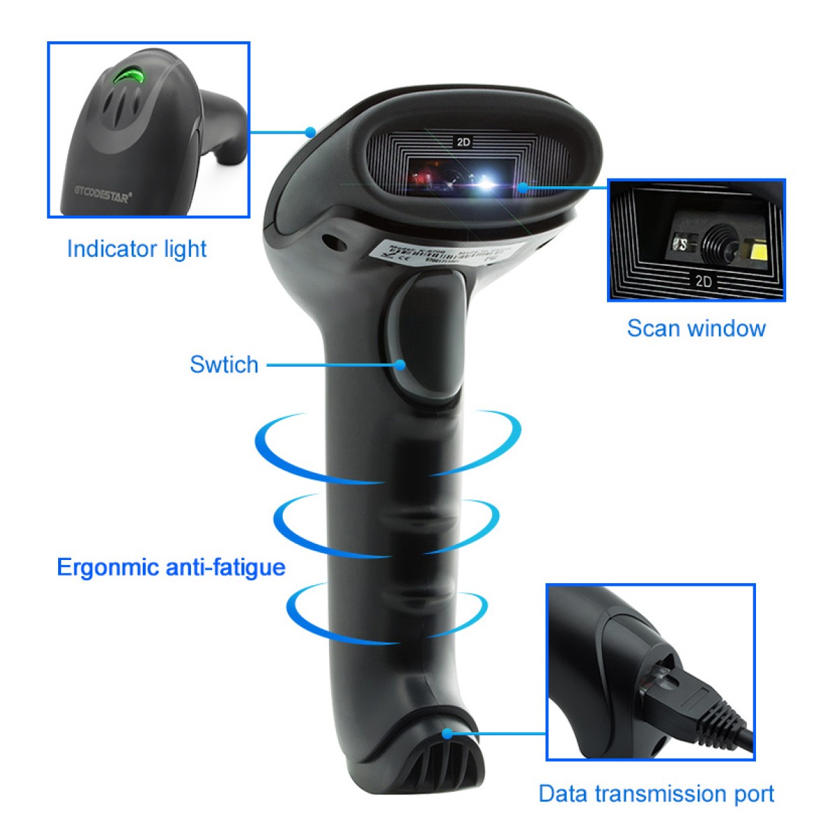 GTCODESTAR barcode scanner X-9701B, 1D & 2D, ενσύρματο & ασύρματο, Bluetooth, 2000mAh, μαύρο