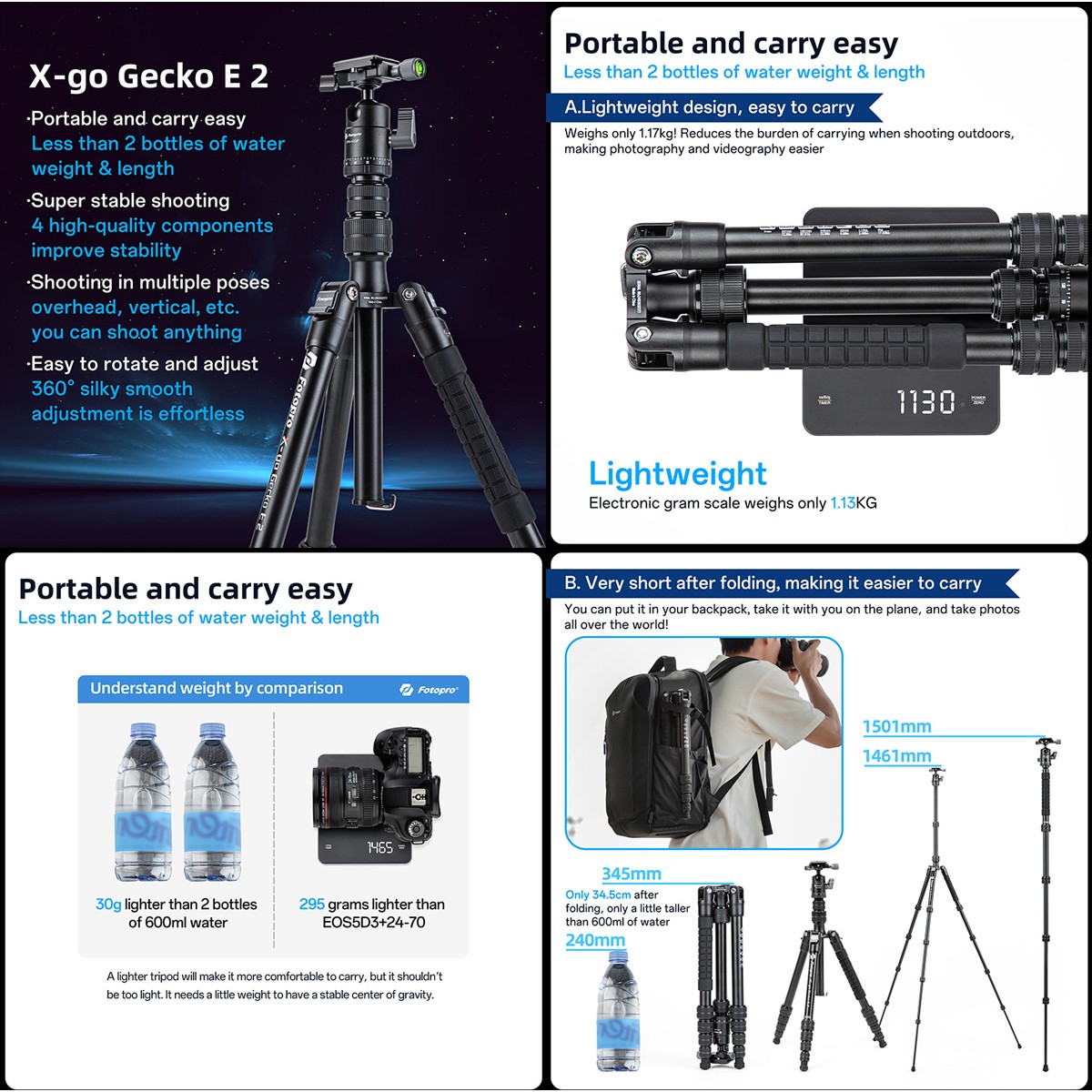 FOTOPRO τρίποδο φωτογράφισης X-go Gecko E2, πτυσσόμενο έως 146.1cm, έως 8kg, μαύρο