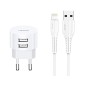 USAMS φορτιστής τοίχου T20 & καλώδιο Lightning, 2x USB, 2.1A, λευκός