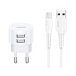 USAMS φορτιστής τοίχου T20 & καλώδιο Micro USB, 2x USB, 2.1A, λευκός