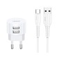 USAMS φορτιστής τοίχου T20 & καλώδιο type-C, 2x USB, 2.1A, λευκός