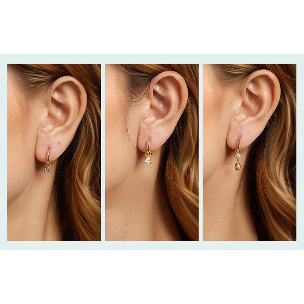 BAMOER σκουλαρίκια κρίκοι YIE262 με 3x σετ charm, κυβική ζιρκόνια, χαλκός, χρυσό