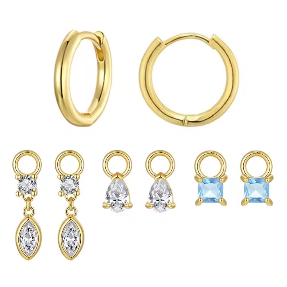 BAMOER σκουλαρίκια κρίκοι YIE262 με 3x σετ charm, κυβική ζιρκόνια, χαλκός, χρυσό
