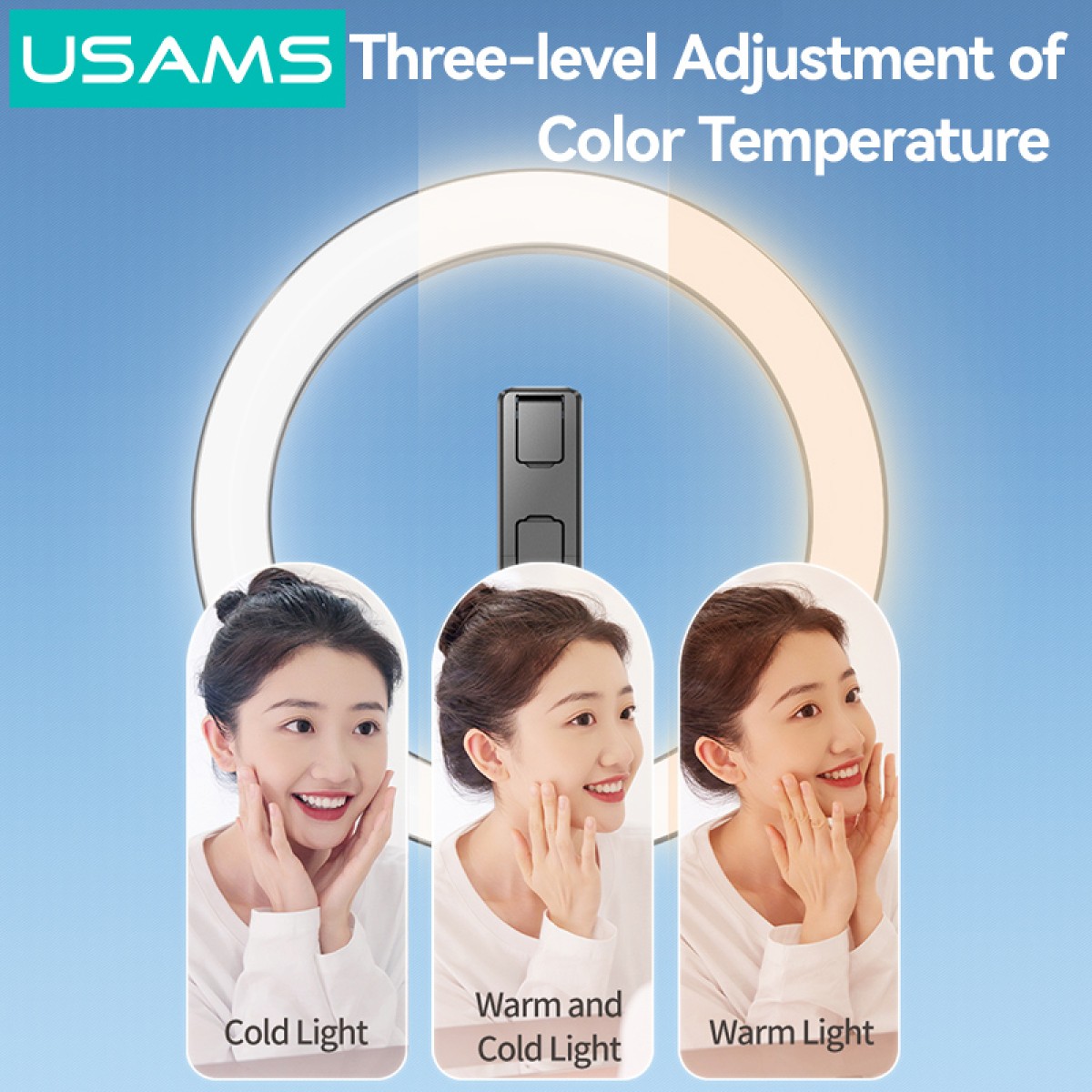 USAMS φωτιστικό δαχτυλίδι LED ZB323 με τρίποδο & βάση smartphone, μαύρο