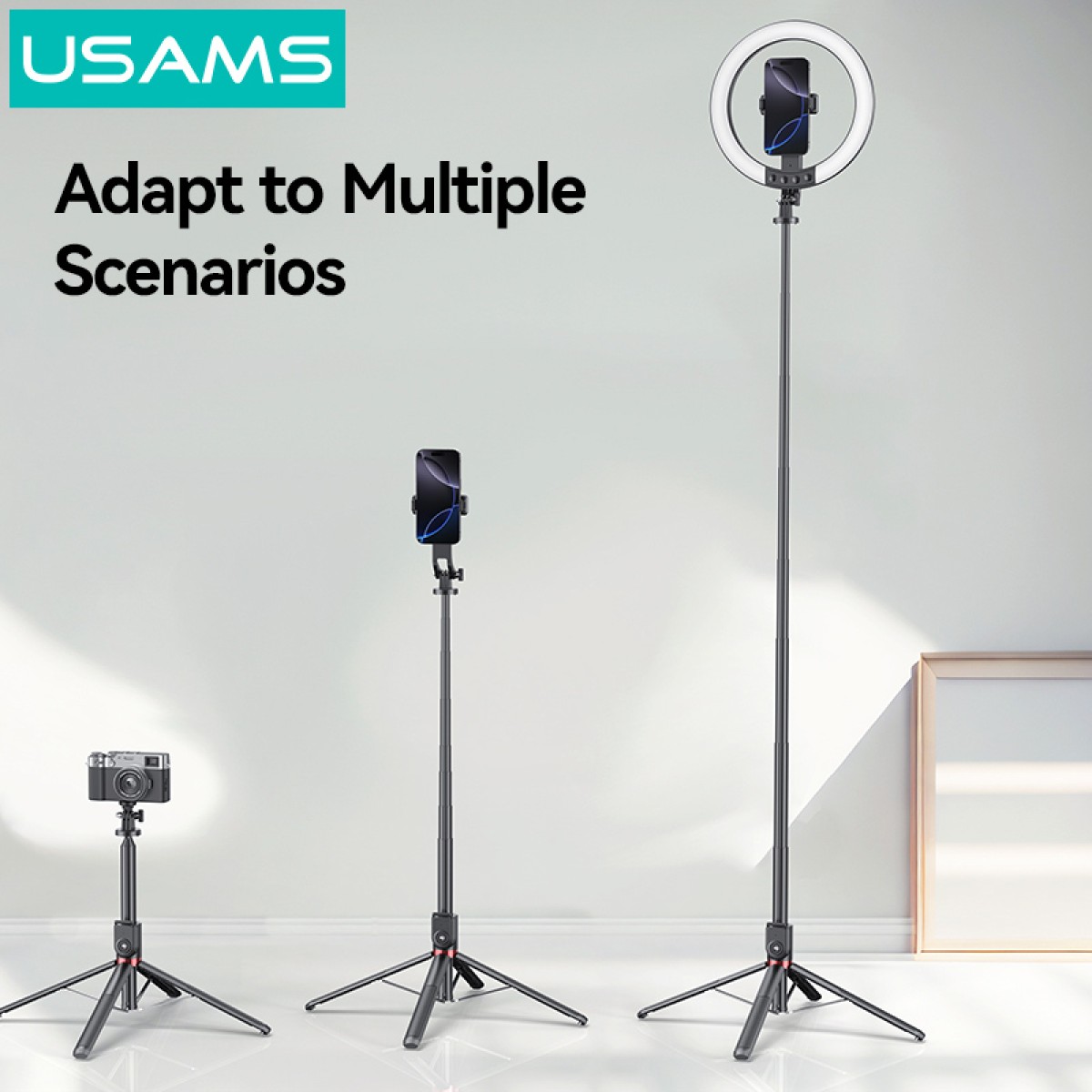 USAMS φωτιστικό δαχτυλίδι LED ZB323 με τρίποδο & βάση smartphone, μαύρο