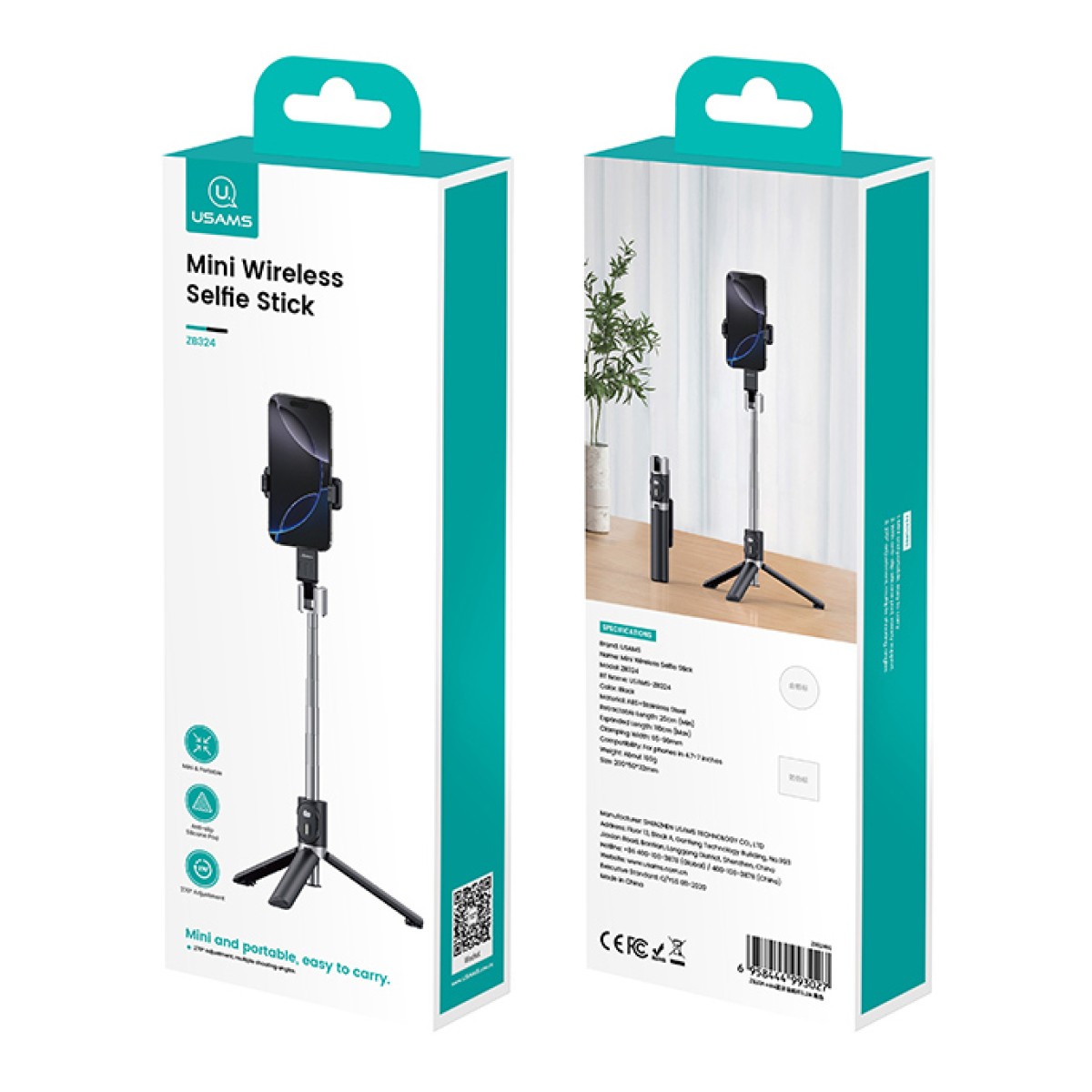 USAMS selfie stick ZB324 με τρίποδο, έως 110cm, Bluetooth, μαύρο