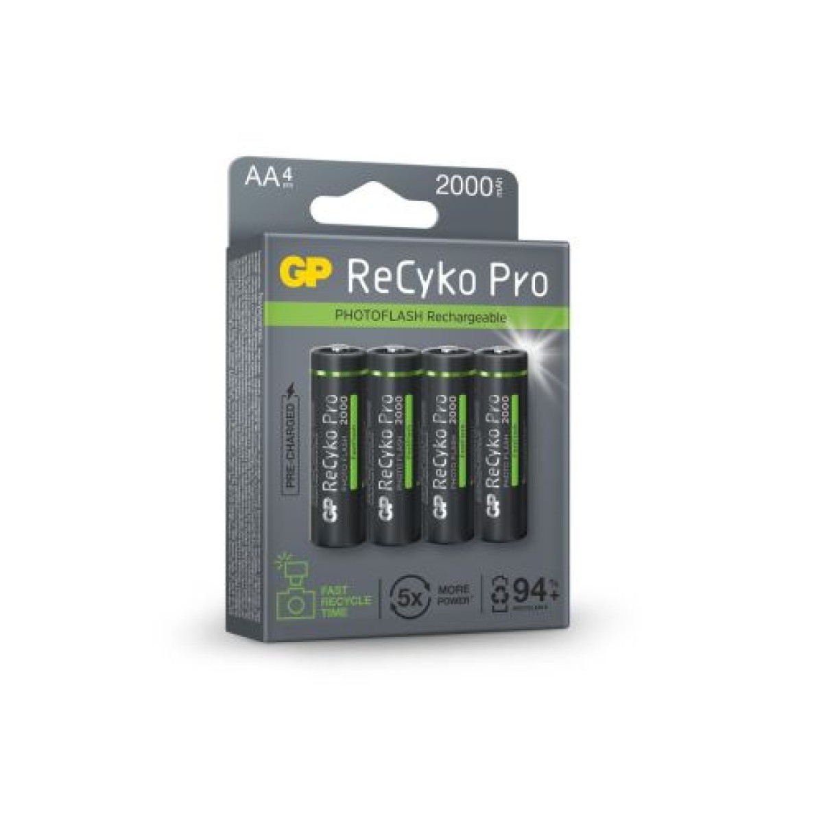 GP Battery (AA) Επαναφορτιζόμενη RECYKO Pro Fast Flash, NIMH R03, (4 μπαταρίες / blister), 2000mAh
