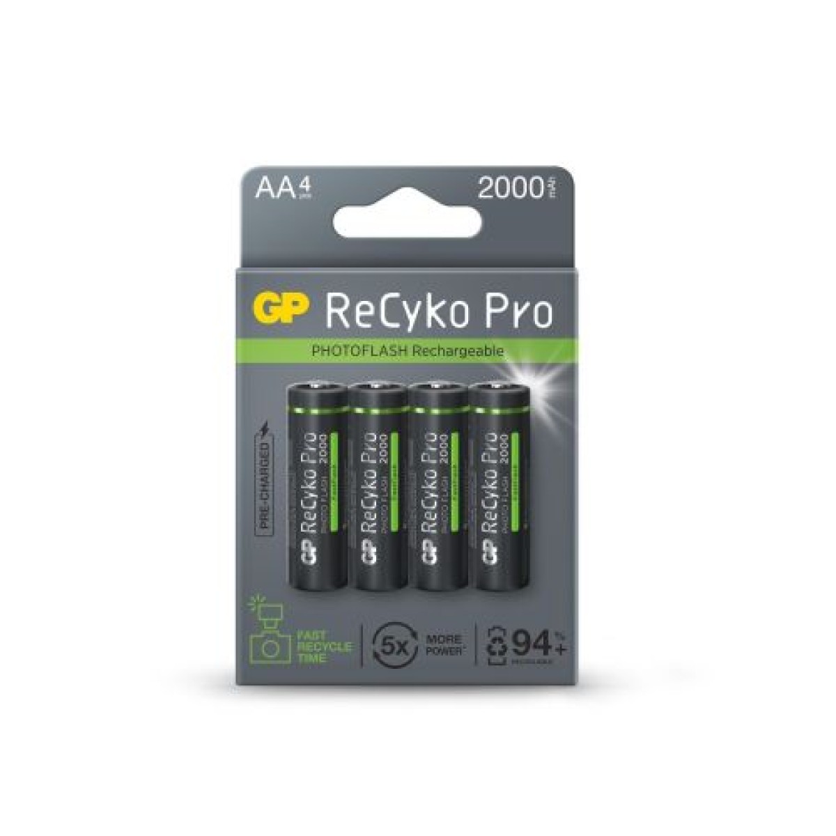 GP Battery (AA) Επαναφορτιζόμενη RECYKO Pro Fast Flash, NIMH R03, (4 μπαταρίες / blister), 2000mAh
