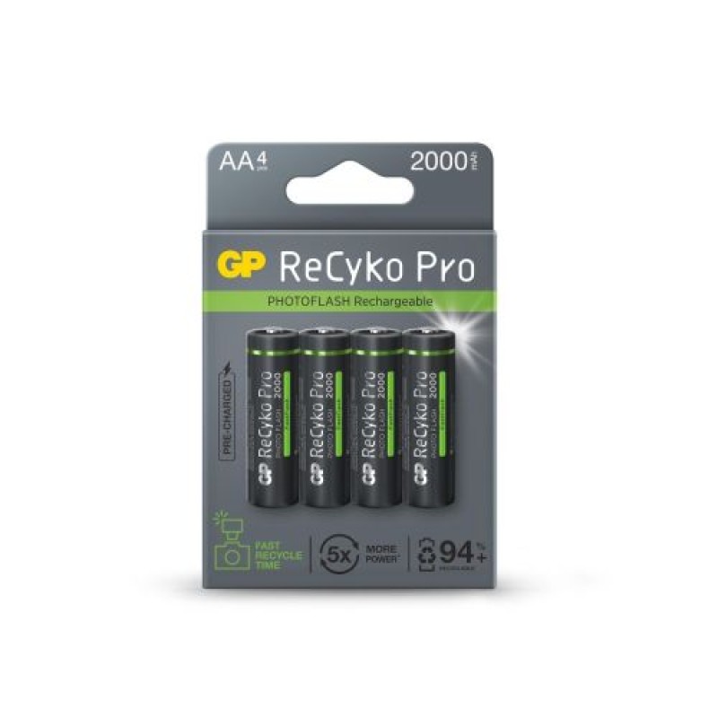 GP Battery (AA) Επαναφορτιζόμενη RECYKO Pro Fast Flash, NIMH R03, (4 μπαταρίες / blister), 2000mAh