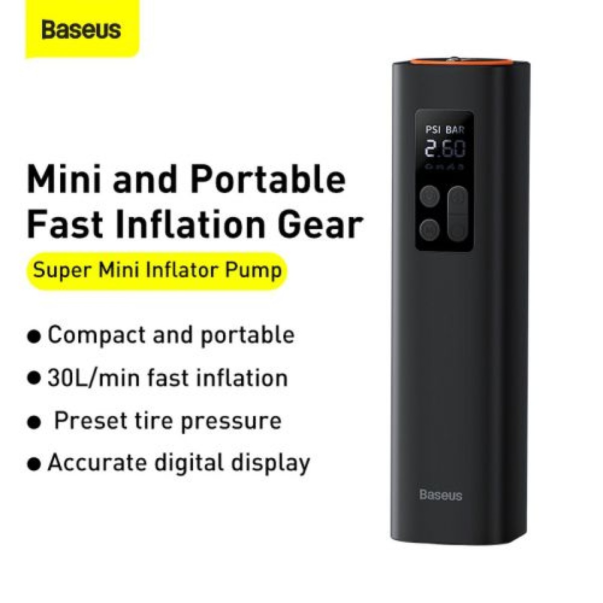 Baseus Car Tool Super Mini Inflator Αντλία ελαστικών 15 δευτερολέπτων Γρήγορο φούσκωμα, 4 ελαστικά σε 25 λεπτά, μαύρο (CRCQ000001)