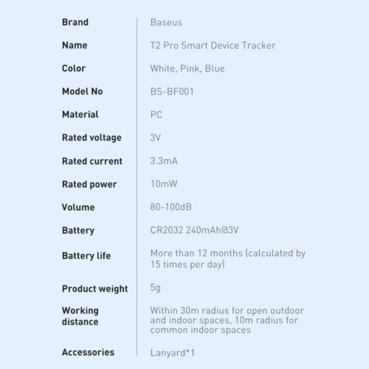 Baseus Home Intelligent T2 Pro Keychain Wireless Key and Other Object Finder BT 5.0 White (FMTP000002)