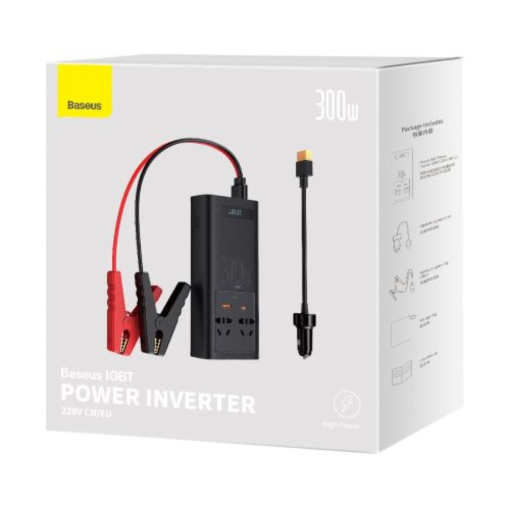 Baseus Car Power Inverter IGBT 300W/ 220V (C+U + Dual EU βύσμα) με καλώδια σφιγκτήρα 12V (0,40m) και καλώδιο υποδοχής αναπτήρα (0,60m), μαύρο (CGNB010101)