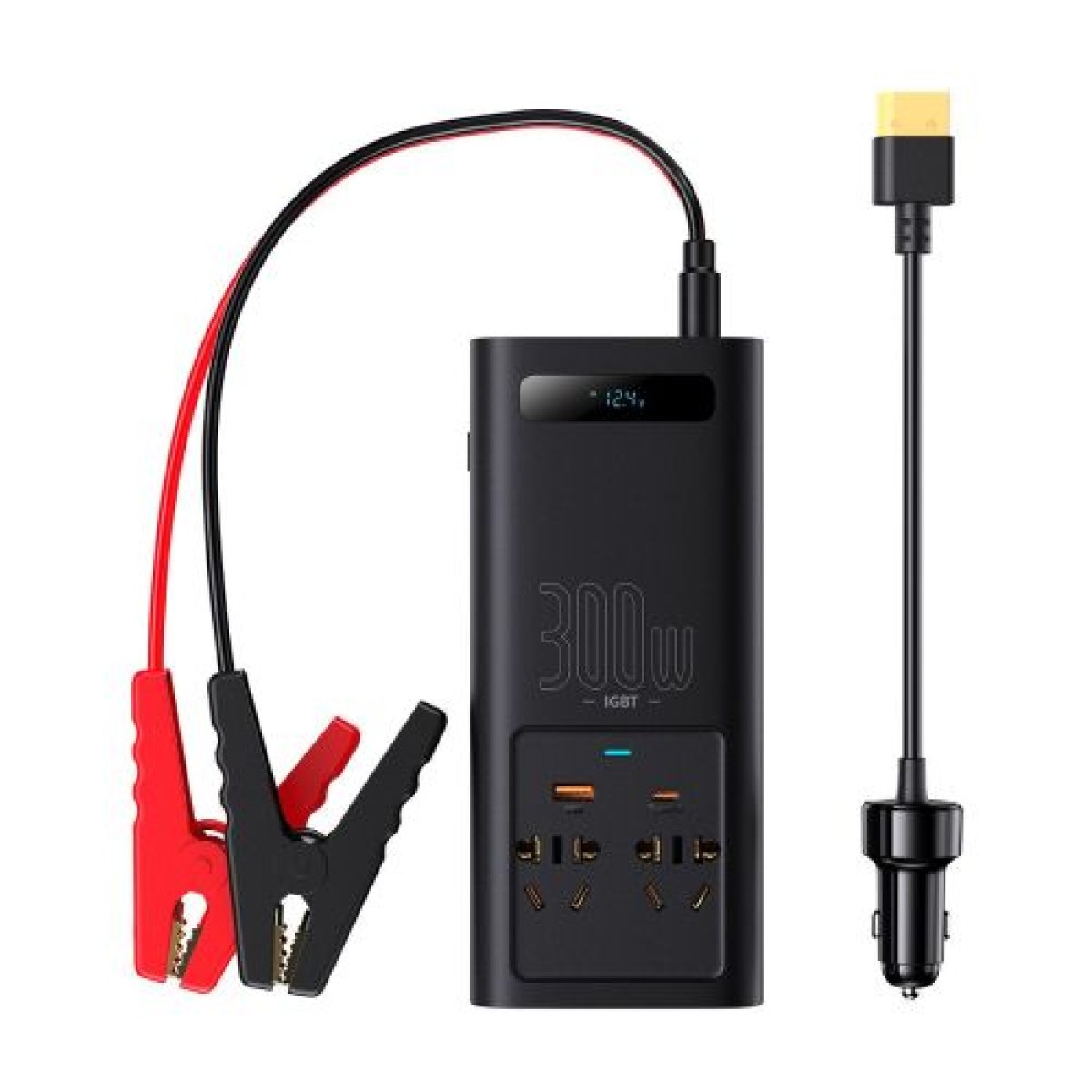 Baseus Car Power Inverter IGBT 300W/ 220V (C+U + Dual EU βύσμα) με καλώδια σφιγκτήρα 12V (0,40m) και καλώδιο υποδοχής αναπτήρα (0,60m), μαύρο (CGNB010101)