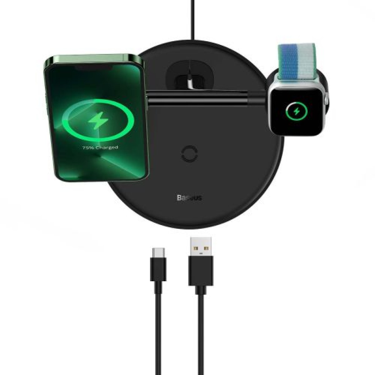 Baseus Wireless Charger Swan stand 3-in-1 Μαγνητικός φορτιστής με καλώδιο TypeC 15W, 1m Μαύρο (WXTE000101)