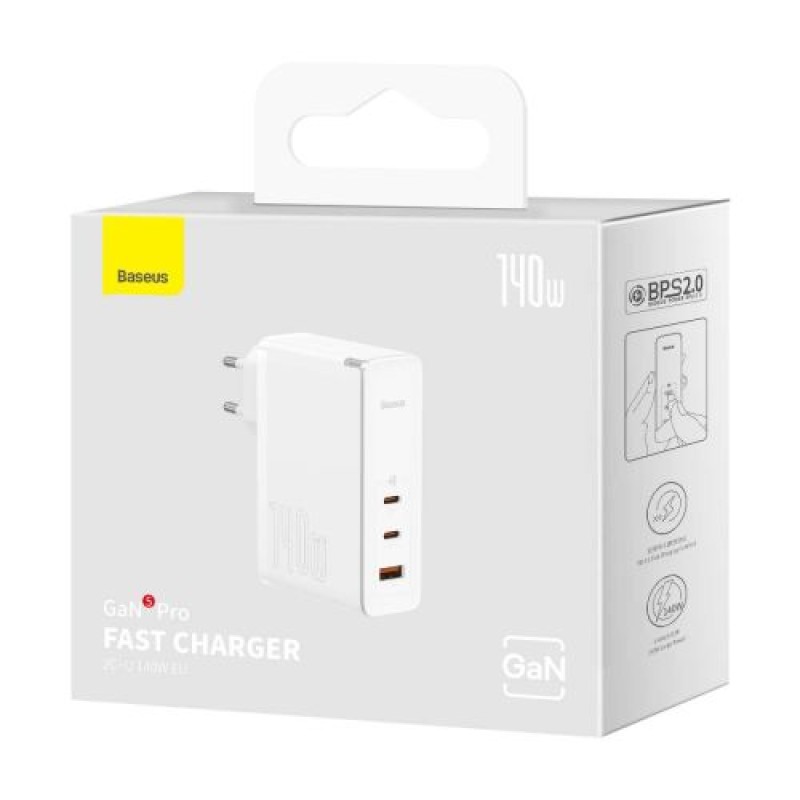 Baseus Travel Charger GaN5 Pro Γρήγορος φορτιστής τοίχου, C+C+U, 140W White EU (CCGP100202)