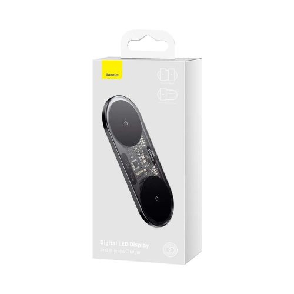 Baseus Wireless Charger Digital LED Display, Διπλή πλατφόρμα φόρτισης, με καλώδιο Type-C, 20W, Μαύρο (WXSX010101)